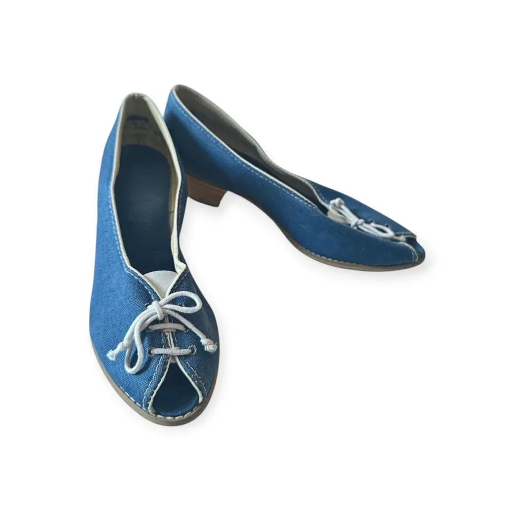 Vintage Blue Canvas Peep Toe Heels w/ Lace-Up Front | Stacked Heel | Size 7